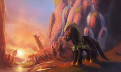 Size: 1280x761 | Tagged: safe, artist:grissaecrim, oc, oc only, pegasus, pony, canterlot, disaster, royal guard, ruins, sad, scenery, solo, sunset, water, waterfall