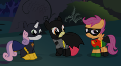 Size: 2600x1420 | Tagged: safe, artist:agrol, apple bloom, scootaloo, sweetie belle, g4, batgirl, batman, batman and robin, clothes, costume, cutie mark crusaders, robin