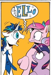 Size: 388x567 | Tagged: safe, idw, official comic, princess cadance, shining armor, twilight sparkle, alicorn, pony, unicorn, friendship is magic #11, g4, my little pony: friendship is magic (idw), neigh anything, spoiler:comic, colt, dishevelled, exploitable meme, female, filly, filly twilight sparkle, hello, male, meme, meme origin, messy mane, necktie, raised hoof, screaming armor, shrunken pupils, teen princess cadance, younger