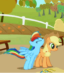 Size: 456x517 | Tagged: safe, screencap, applejack, rainbow dash, pony, fall weather friends, g4, animated, backflip, cropped, cute, dashabetes, duo, female, loop, low quality