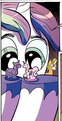 Size: 307x600 | Tagged: safe, idw, official comic, gaffer, shining armor, pony, unicorn, g4, spoiler:comic, spoiler:comic11, male, now kiss, stallion, toy, u mad, unamused