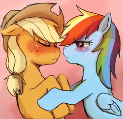 Size: 450x436 | Tagged: safe, artist:aki-tam, applejack, rainbow dash, g4, blushing, female, lesbian, pixiv, ship:appledash, shipping