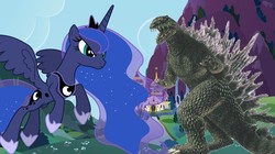 Size: 1194x669 | Tagged: safe, princess luna, alicorn, kaiju, pony, g4, crossover, fight, giant pony, godzilla, godzilla (series), godzilla 2000