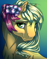 Size: 743x927 | Tagged: safe, artist:kittehkatbar, applejack, g4, female, flower, flower in hair, looking at you, portrait, solo, three quarter view