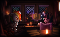 Size: 3360x2100 | Tagged: safe, artist:i-am-knot, rainbow dash, twilight sparkle, alicorn, pony, g4, book, candle, dark, female, glowing, interior, mare, twilight sparkle (alicorn)