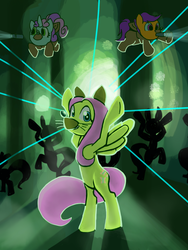 Size: 1200x1600 | Tagged: safe, artist:shadow-rhapsody, fluttershy, scootaloo, sweetie belle, pegasus, pony, unicorn, g4, backlighting, bipedal, clothes, costume, dancing, female, filly, forest, mare, mouth hold, music video, parody, the fox, what does the fox say?, ylvis