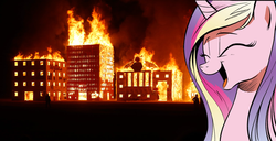 Size: 1247x639 | Tagged: safe, princess cadance, g4, cadance laughs at your misery, exploitable meme, fire, laughing, meme