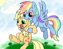 Size: 640x500 | Tagged: safe, artist:imo, applejack, rainbow dash, earth pony, pegasus, pony, g4, blushing, female, flying, mare, pixiv, red eyes, screaming, wrong eye color