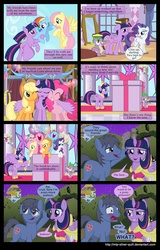 Size: 2000x3128 | Tagged: safe, artist:mlp-silver-quill, applejack, fluttershy, pinkie pie, rainbow dash, rarity, spike, twilight sparkle, oc, oc:clutterstep, alicorn, pony, comic:a princess' tears, g4, canterlot, comic, female, mane six, mare, twilight sparkle (alicorn)