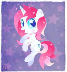 Size: 731x786 | Tagged: safe, artist:disfiguredstick, oc, oc only, oc:alisa, pony, unicorn, g4, female, mare, open mouth, open smile, signature, smiling, solo, sparkly mane, sparkly tail, starry eyes, tail, wingding eyes