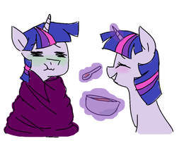 Size: 960x768 | Tagged: safe, artist:annie-aya, twilight sparkle, g4, blanket, dusk shine, feeding, green face, magic, rule 63, self ponidox, sick, soup