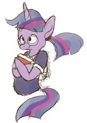 Size: 485x680 | Tagged: safe, artist:violetvampirevixen, twilight sparkle, unicorn, semi-anthro, g4, adorkable, alternate hairstyle, backpack, book, cute, dork, female, glasses, meganekko, ponytail, solo, unicorn twilight