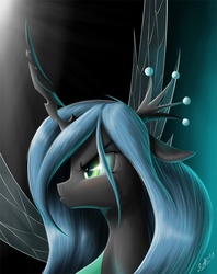 Size: 747x942 | Tagged: safe, artist:zigword, queen chrysalis, changeling, changeling queen, g4, crown, female, jewelry, portrait, pouting, regalia, solo