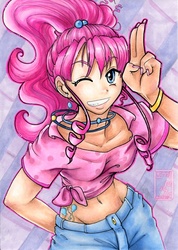 Size: 596x835 | Tagged: safe, artist:shytoki, pinkie pie, human, g4, belly button, female, humanized, light skin, midriff, nail polish, solo, wink