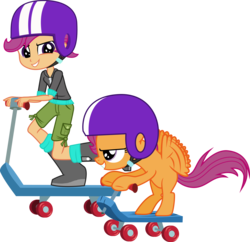 Size: 3918x3800 | Tagged: safe, artist:vector-brony, scootaloo, human, pegasus, pony, equestria girls, g4, buzzing wings, female, filly, foal, human ponidox, scooter, self paradox, self ponidox, simple background, square crossover, transparent background, vector, wings
