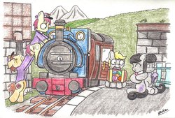 Size: 1024x692 | Tagged: safe, artist:bobthedalek, octavia melody, oc, oc:mixed melody, oc:octavia's father, oc:octavia's mother, oc:ostinato melody, earth pony, pony, g4, female, fence, locomotive, luggage, luggage stickers, male, mother and daughter, mountain, steam locomotive, suitcase, tank engine, train, train station