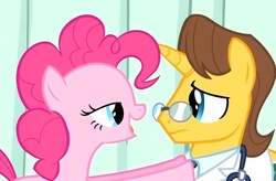 Size: 793x519 | Tagged: safe, screencap, doctor horse, doctor stable, pinkie pie, g4, read it and weep, glasses, lidded eyes, out of context