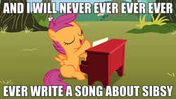 Size: 1280x720 | Tagged: safe, edit, edited screencap, screencap, scootaloo, g4, the show stoppers, female, homestar runner, image macro, musical instrument, piano, sibsy, solo