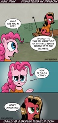 Size: 800x1695 | Tagged: safe, artist:pony-berserker, pinkie pie, oc, oc:pun, ask pun, g4, ask, clothes, comic, dialogue, jail, laundry, money, money laundering, prison outfit, pun, tumblr, wallet