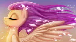 Size: 4800x2700 | Tagged: safe, artist:realbarenziah, fluttershy, pegasus, pony, g4, eyes closed, female, mare, profile, solo, spread wings, windswept mane, wings