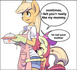 Size: 906x828 | Tagged: dead source, safe, artist:garam, apple bloom, applejack, earth pony, anthro, g4, adorabloom, apron, butthug, clothes, cute, dialogue, faceful of ass, female, food, grammar error, heart, hug, hug from behind, mittens, sweat