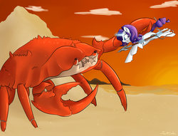 Size: 1024x783 | Tagged: safe, artist:spiritcookie, rarity, crab, g4, beach, female, harpoon, rarity fighting a giant crab, solo, spear, sunset