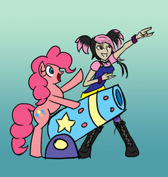 Size: 599x632 | Tagged: safe, artist:questern, pinkie pie, earth pony, human, pony, g4, crossover, miko nakadai, party cannon, transformers, transformers prime