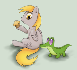 Size: 705x636 | Tagged: safe, artist:hydro-king, derpy hooves, gummy, pegasus, pony, g4, duo, female, mare, muffin, pet
