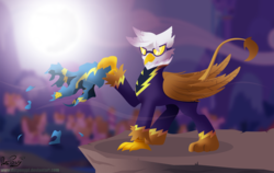 Size: 1600x1013 | Tagged: safe, artist:datponypl, gilda, griffon, g4, backlighting, clothes, costume, feather, female, goggles, night, ponyville, shadowbolts, shadowbolts costume, signature, solo, standing, uniform, wonderbolts, wonderbolts uniform