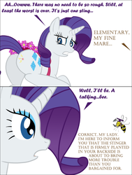 Size: 900x1188 | Tagged: safe, artist:bsting, rarity, bee, pony, unicorn, g4, 2 panel comic, bee fetish, butt, comic, female, horn, mare, plot, rearity, reddened butt, saddle, sting