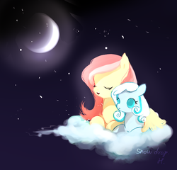 Size: 600x576 | Tagged: safe, artist:19ham, oc, oc only, oc:primrose, oc:snowdrop, pegasus, pony, snowdrop (animation), cloud, female, filly, foal, mare, moon, mother and child, mother and daughter, night, on a cloud, sitting, sitting on a cloud, stars