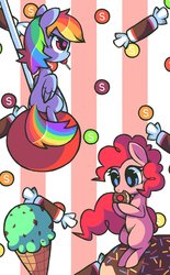 Size: 704x1134 | Tagged: safe, artist:astrofiziks, pinkie pie, rainbow dash, g4, candy, donut, food, ice cream, lollipop, micro, skittles, surreal