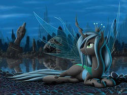 Size: 1467x1100 | Tagged: safe, artist:zigword, queen chrysalis, changeling, changeling queen, g4, alone, crown, female, jewelry, regalia, ruins, solo, statue