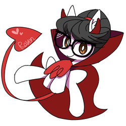 Size: 500x500 | Tagged: safe, artist:30clock, raven, writing desk, g4, luna eclipsed, devil costume, devil horns, glasses, pixiv, solo