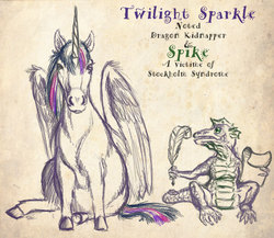 Size: 800x695 | Tagged: safe, artist:cuprohastes, spike, twilight sparkle, alicorn, horse, pony, g4, curlz, female, fluffy, kidnapped, mare, quill, realistic, scroll, servant, sitting, sketch, stockholm syndrome, twilight sparkle (alicorn)