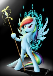 Size: 685x978 | Tagged: safe, artist:zigword, rainbow dash, pegasus, pony, g4, abstract background, bipedal, female, magic circle, mare, pegasus magic, signature, simple background, solo, spear, sword, weapon