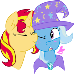 Size: 515x510 | Tagged: safe, artist:deerspit, sunset shimmer, trixie, pony, unicorn, g4, blushing, cheek kiss, duo, female, heart, kissing, lesbian, nuzzling, ship:suntrix, shipping