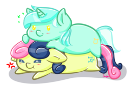 Size: 1280x864 | Tagged: safe, artist:fatcakes, bon bon, lyra heartstrings, sweetie drops, g4, :t, blushing, bon bon is not amused, chubbie, cross-popping veins, cute, simple background, transparent background, unamused