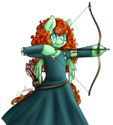 Size: 1260x1400 | Tagged: dead source, safe, artist:fatcakes, pony, arrow, bipedal, bow (weapon), bow and arrow, brave (movie), clothes, disney, disney princess, dress, merida, pixar, ponified, simple background, solo, transparent background, weapon