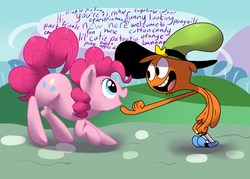 Size: 2800x2000 | Tagged: safe, artist:khorme, pinkie pie, g4, chin scratch, crossover, cute, daaaaaaaaaaaw, duo, eye contact, looking at each other, ponyville, sweet dreams fuel, talking to each other, wander (wander over yonder), wander over yonder