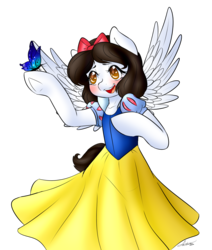 Size: 1146x1352 | Tagged: safe, artist:fatcakes, butterfly, pegasus, semi-anthro, bipedal, blushing, clothes, cute, disney, disney princess, dress, open mouth, ponified, puffy sleeves, simple background, snow white, solo, transparent background