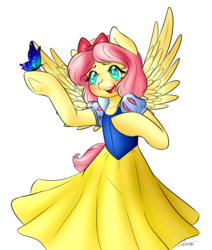 Size: 1146x1352 | Tagged: safe, artist:fatcakes, fluttershy, butterfly, pegasus, pony, g4, bipedal, blushing, clothes, crossover, cute, disney, disney princess, dress, female, open mouth, puffy sleeves, shyabetes, simple background, snow white, solo, transparent background