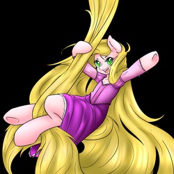 Size: 1280x1280 | Tagged: safe, artist:fatcakes, earth pony, semi-anthro, clothes, disney, disney princess, dress, happy, hoof hold, impossibly long hair, impossibly long tail, long hair, long tail, ponified, rapunzel, solo, swinging, tangled (disney)