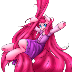 Size: 1280x1280 | Tagged: dead source, safe, artist:fatcakes, pinkie pie, earth pony, semi-anthro, g4, clothes, crossover, disney, disney princess, dress, female, impossibly long hair, long hair, pinkamena diane pie, rapunzel, simple background, solo, tangled (disney), transparent background