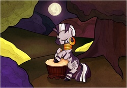 Size: 1052x734 | Tagged: safe, artist:capreola, zecora, zebra, g4, drums, female, moon, musical instrument, night, solo