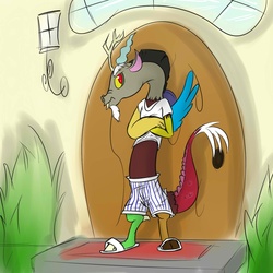 Size: 1280x1280 | Tagged: safe, artist:fuzebox, discord, draconequus, g4, adorasexy, boxers, clothes, cute, discord is not amused, discute, fluttershy's cottage, frown, looking at you, male, morning, sandals, sexy, shirt, shorts, solo, standing, stupid sexy discord, t-shirt, unamused, underwear