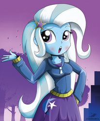 Size: 1784x2162 | Tagged: safe, artist:the-butch-x, trixie, equestria girls, g4, blushing, clothes, female, hand on hip, skirt, solo, sweater