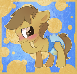 Size: 972x936 | Tagged: safe, artist:cuddlehooves, oc, oc only, oc:butterscotch, pony, baby, baby pony, blushing, diaper, foal, messy diaper, poop, pooping, pullup (diaper), solo, urine