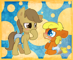 Size: 1028x841 | Tagged: safe, artist:cuddlehooves, oc, oc only, oc:butterscotch, oc:peanut, pony, baby, baby pony, blushing, cuddlehooves is trying to murder us, cute, diaper, foal, messy diaper, poop, pullup (diaper)