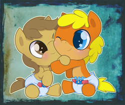 Size: 1051x888 | Tagged: safe, artist:cuddlehooves, oc, oc only, oc:butterscotch, oc:peanut, pony, baby, baby pony, cuddlehooves is trying to murder us, cute, diaper, foal, poofy diaper